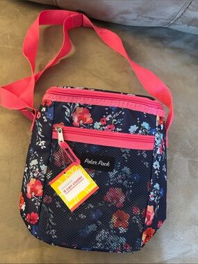 Navy Floral Crossbody Bag with Pink Trim
